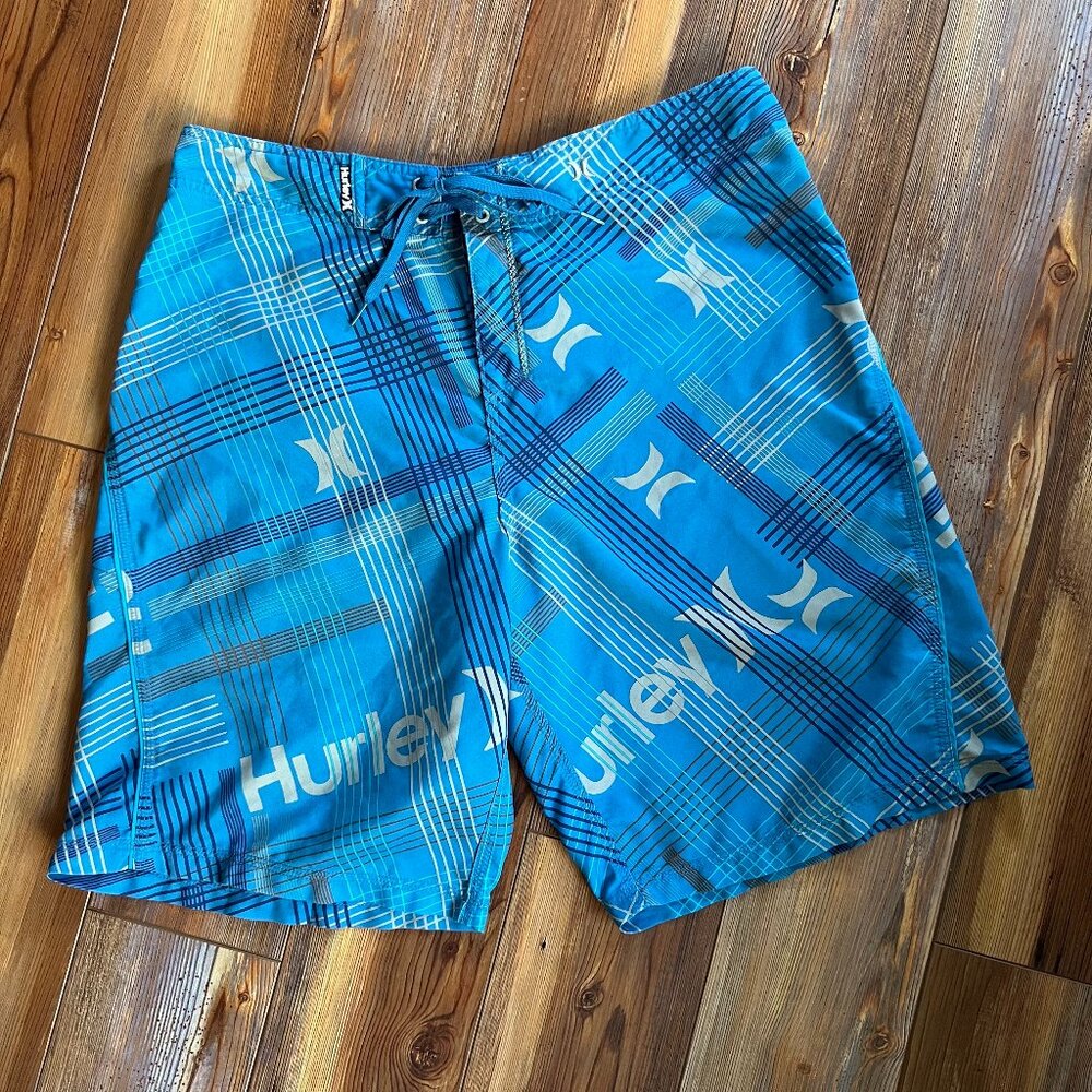 Hurley Men's Swim Trunks Blue Plaid with Gray. Size 36